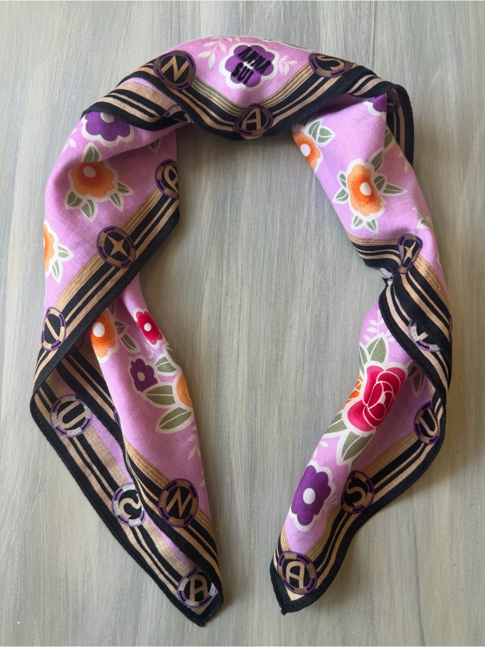 Anna Sui floral cotton scarf Bandana Roses Butterfly Purple Hair Bow Bag Scarf - Picture 5 of 12